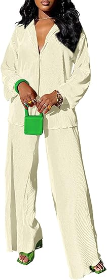 Two Piece Pleated Linen Shirt Wide Leg Pants