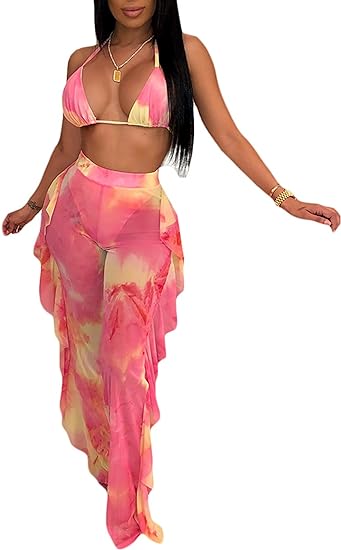 Tops cortos de dos piezas y pantalones con volantes