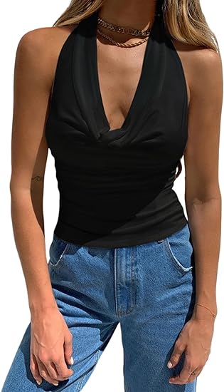 Halter Backless Cowl Neck Sleeveless Top