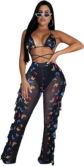 Tops cortos de dos piezas y pantalones con volantes