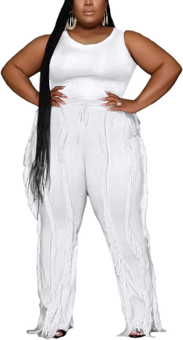 Plus Size Two Piece Tank Top Tassel Pants