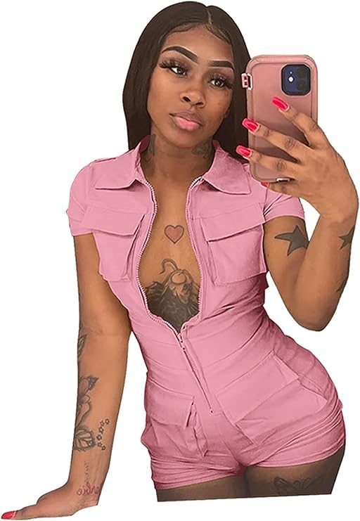 Short Sleeve V Neck Zipper Bodycon Romper