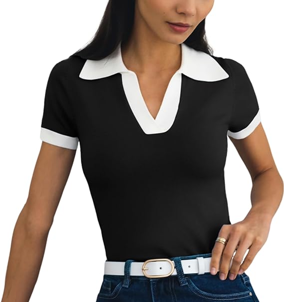 Short Sleeve V Neck Collared Colorblock Top