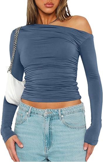 Long Sleeve Asymmetrical Tight Ruched Top