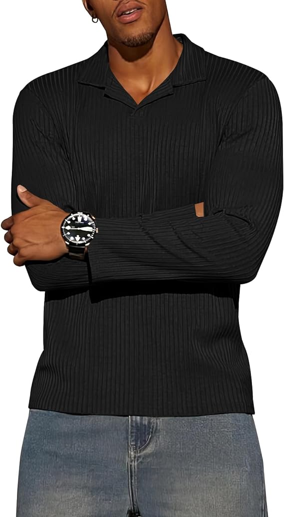 Mens Ribbed Knit V Neck Polo Shirts