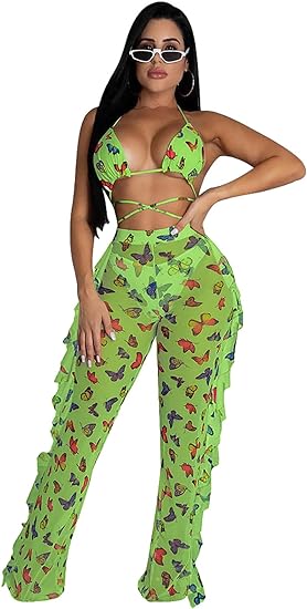 Tops cortos de dos piezas y pantalones con volantes