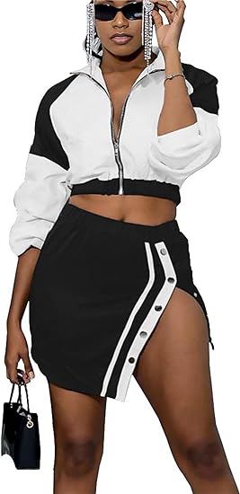 Two Piece Long Sleeve Zip Jacket split Skirts