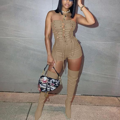 Off Shoulder Out Bandage Bodycon Short Jumpsuit