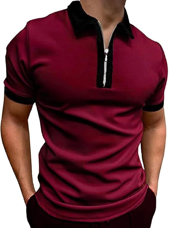 Mens Patchwork Zipper Short Sleeve Polo Shirts