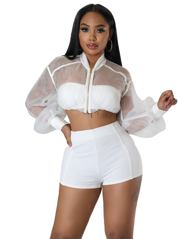 Two Piece Patchwork Mesh Crop Top Shorts