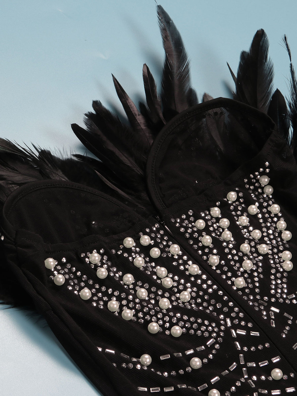 Feather Rhinestone Strapless Mini Dress