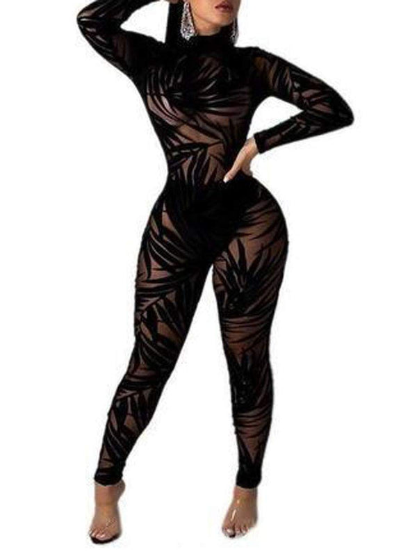 Long Sleeve Mesh Bodycon Jumpsuit