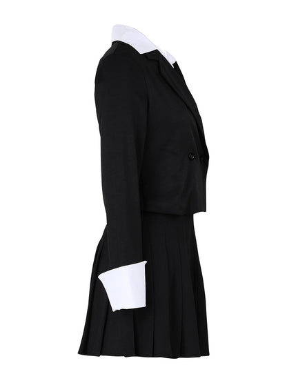 Two-Piece Blazer Shirt Collar Pleated Skirt Set