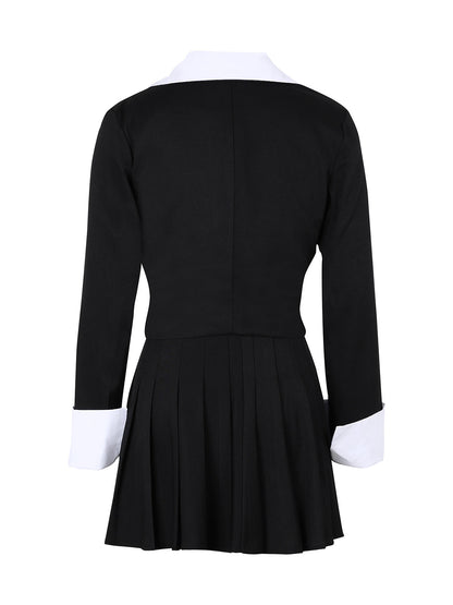 Two-Piece Blazer Shirt Collar Pleated Skirt Set