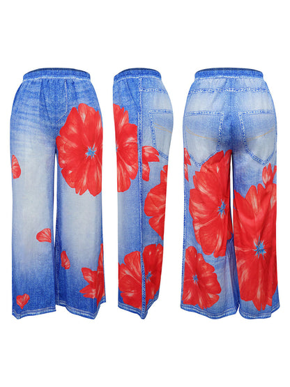 Floral Butterfly Print Wide Leg Jeans