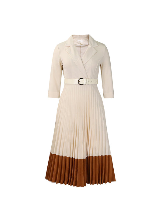 Belted Color-Block Pleated Blazer Midi Dress