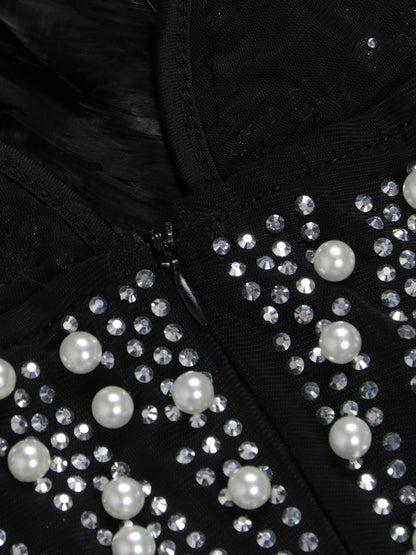 Feather Rhinestone Strapless Mini Dress