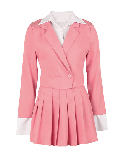 Two-Piece Blazer Shirt Collar Pleated Skirt Set