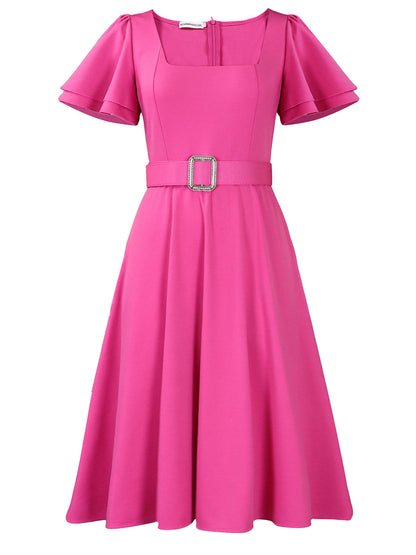 Flared Sleeve Square Neck Midi Dress with Belt
