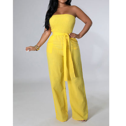 Off Shoulder Strapless Belted Wide Leg Jumpsuit