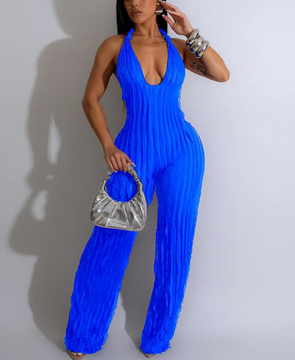 V Neck Pleated Halter Wide Leg Jumpsuit