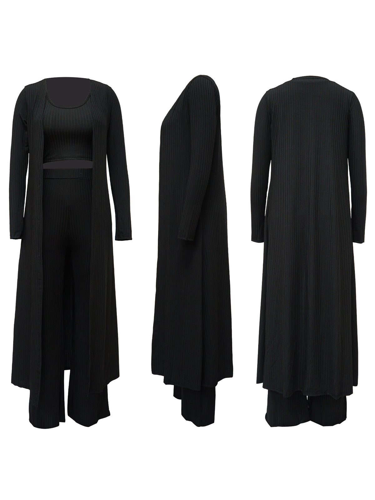Three Pieces Set Crop Top Long Kimono Cardigan Pants