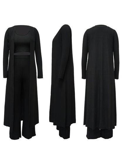 Three Pieces Set Crop Top Long Kimono Cardigan Pants