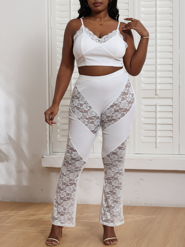 Lace Spaghetti Strap Crop Top Patchwork Pants