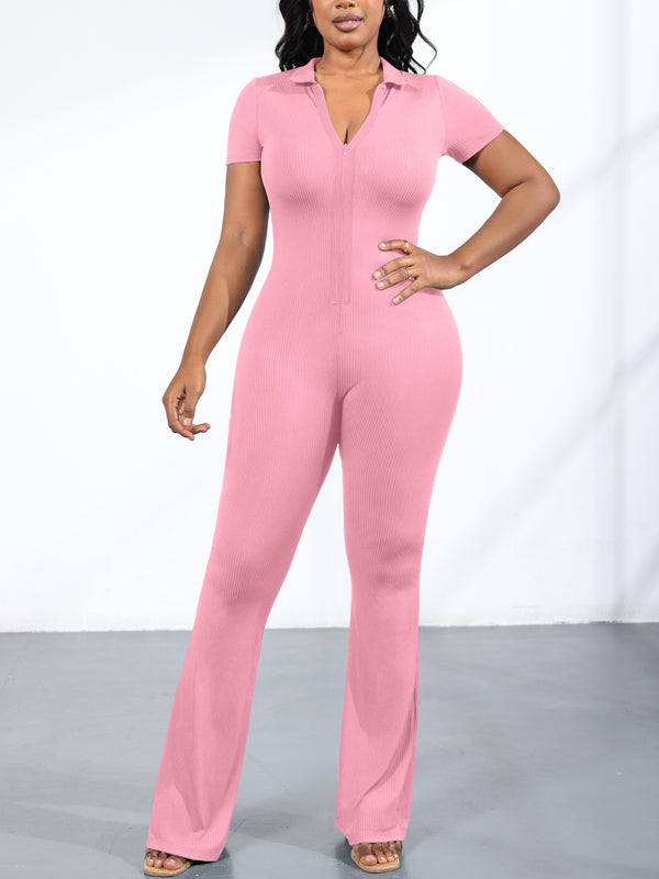 Ribbed Knit Zipper Solid Color Jumpsuit