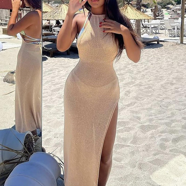 Halter Wrap Sleeveless Slit Maxi Dress