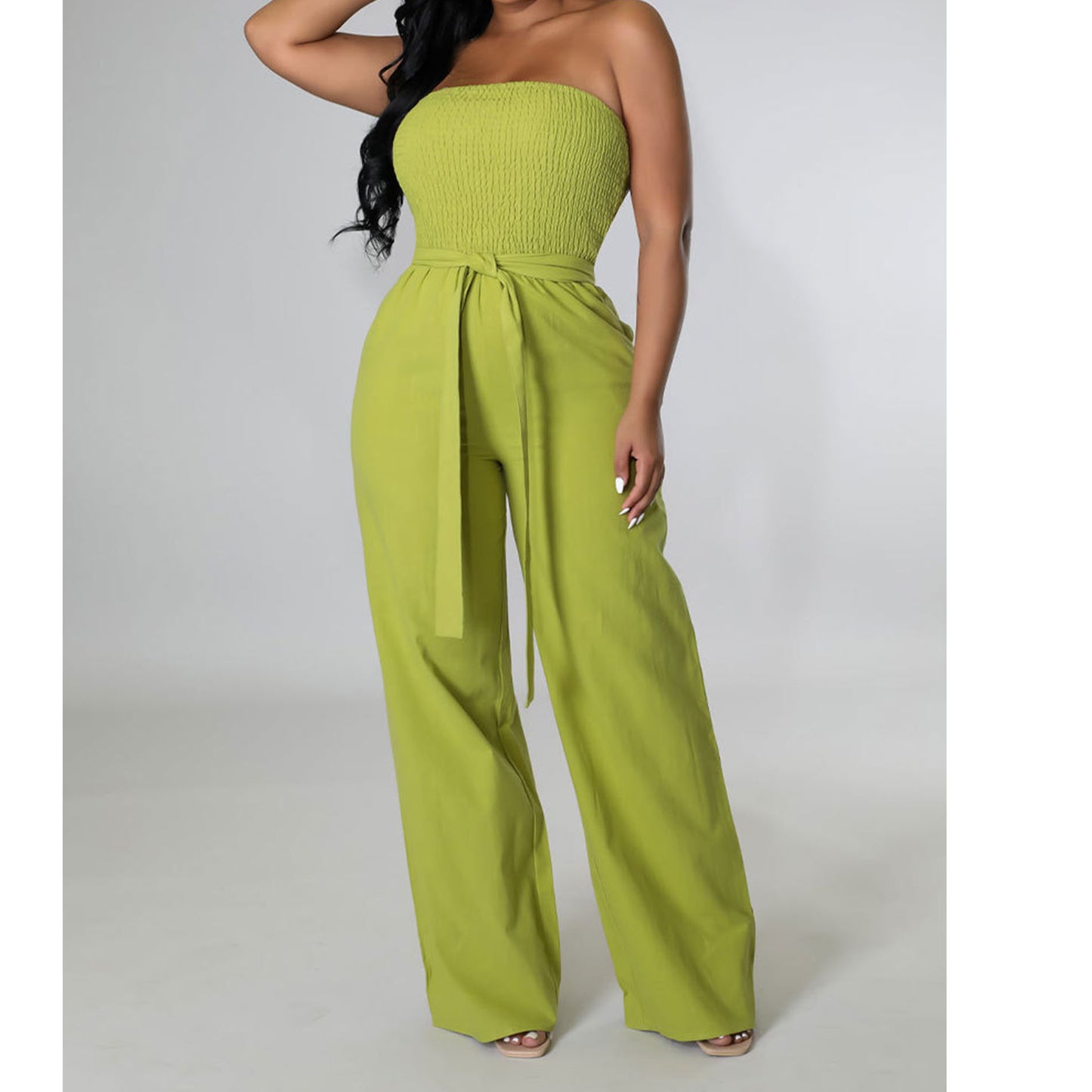 Off Shoulder Strapless Belted Wide Leg Jumpsuit