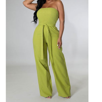 Off Shoulder Strapless Belted Wide Leg Jumpsuit