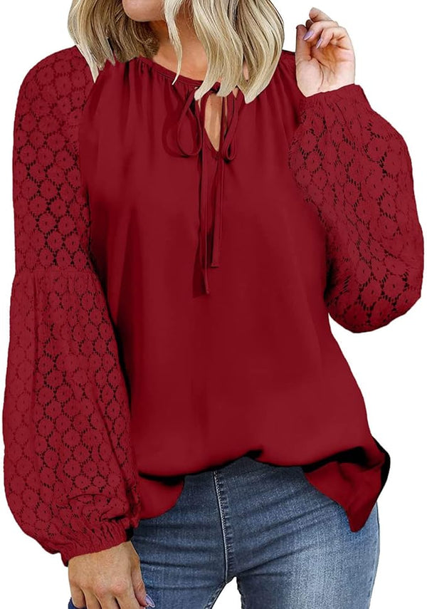 Lace Drawstring V Neck Chiffon Blouse