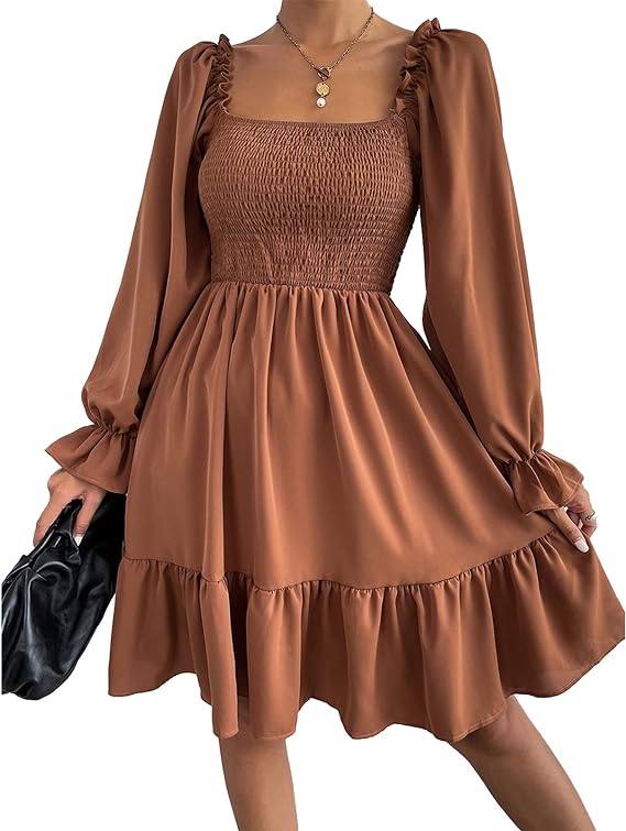 Square Neck Puff Sleeve Ruffle Hem Dress