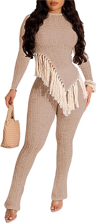 Two Piece Knit Long Sleeve Fringe Top Pants