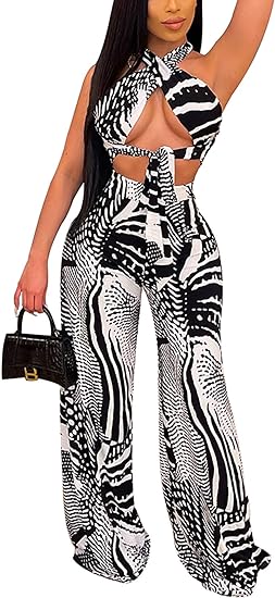 Two Piece Halter Cross Top Wide Leg Pants