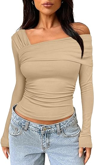 Asymmetrical Off Shoulder Ruched Long Sleeve Top