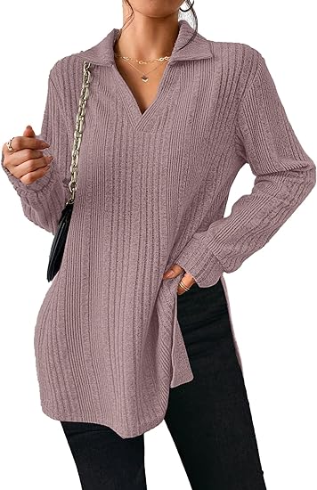 V Neck Side Slit Long Sleeve Shirts