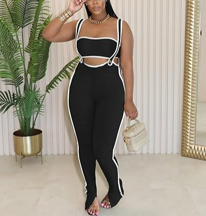 Two Piece Ribbed Crop Top Straps Flared Pants