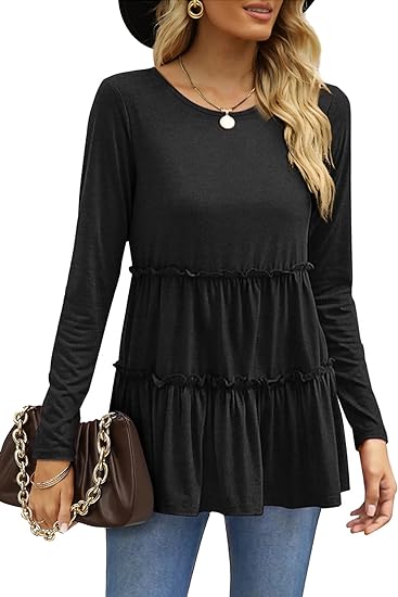 Round Neck Pleated Peplum Long Sleeve Top