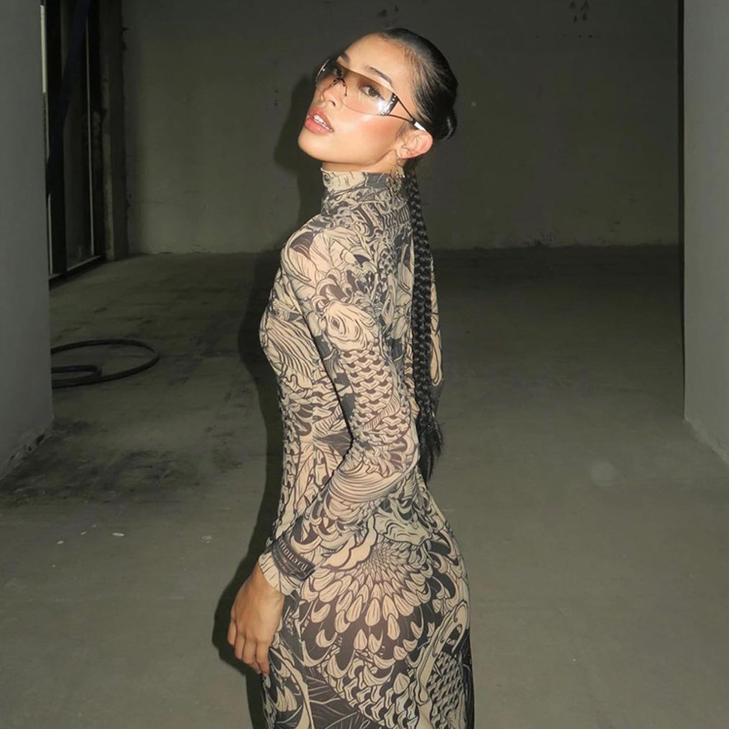 Mock Neck Mesh Print Maxi Dress