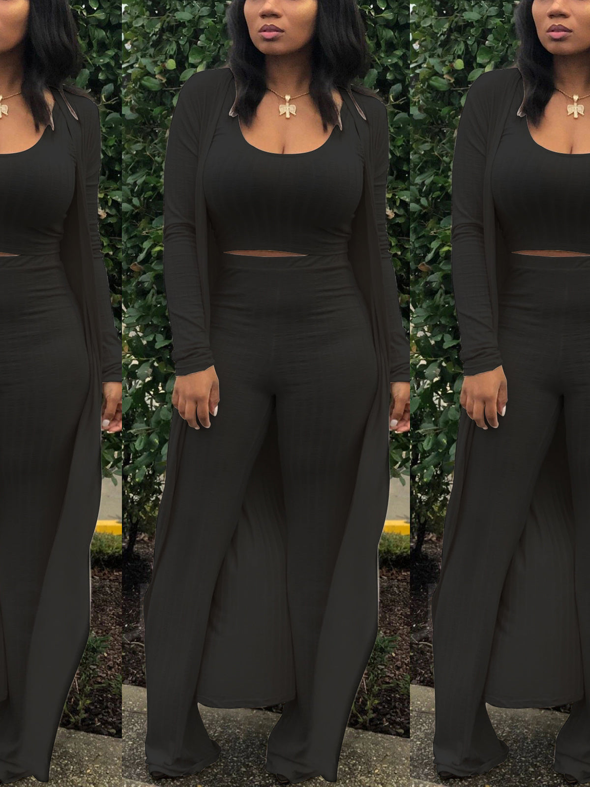 Three Pieces Set Crop Top Long Kimono Cardigan Pants