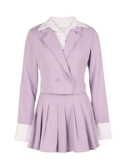 Two-Piece Blazer Shirt Collar Pleated Skirt Set