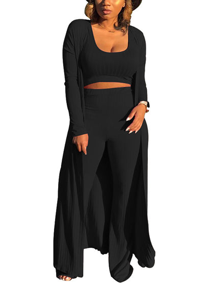 Three Pieces Set Crop Top Long Kimono Cardigan Pants