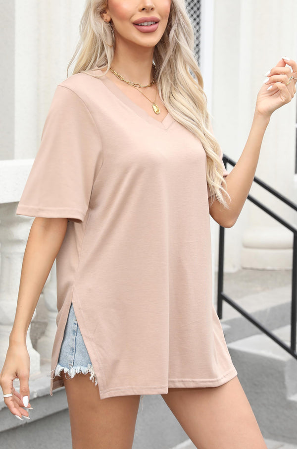 Short Sleeve Side Slit V Neck Top