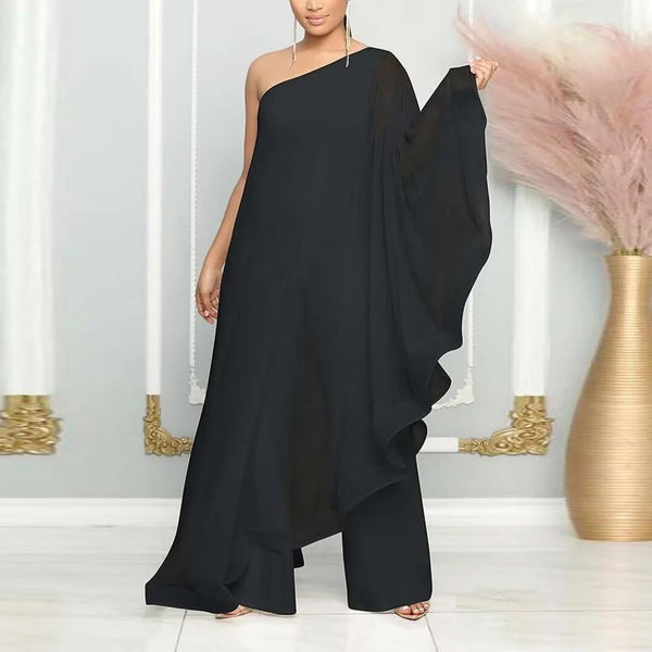 One Shoulder Ruffle Wide Leg Jumpsuit