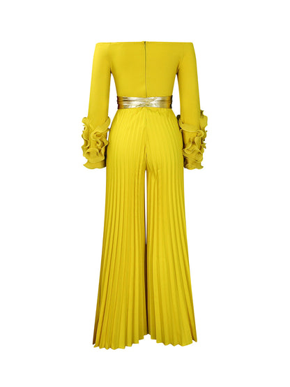 Off-Shoulder Ruffle Pleated Wide Leg Jumpsuit