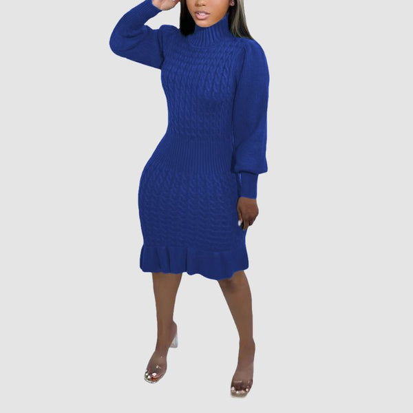 Ruffled Knitted Turtleneck Dress