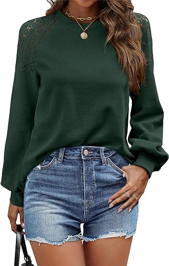 Lace Shoulder Crew Neck Long Sleeve Top