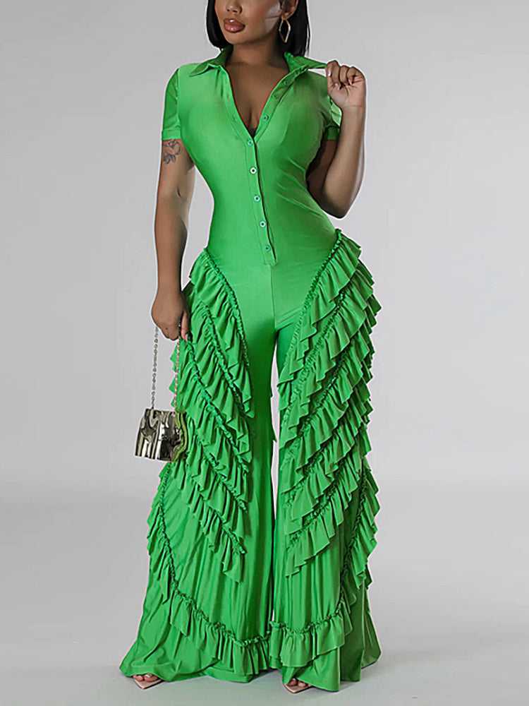 Two Pieces Short Sleeve Ruffle Trim Jumpsuit